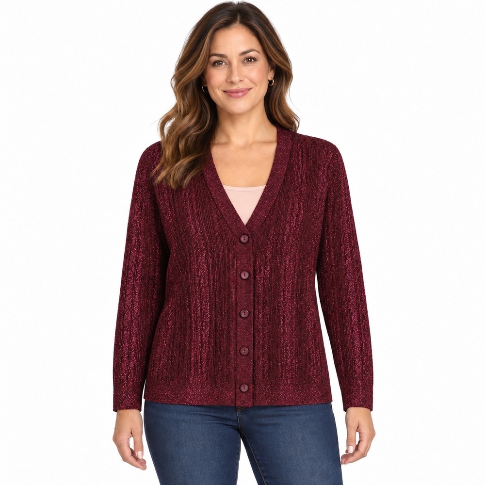 Chico's Maroon Metallic Shimmer Ribbed V-Neck Cardigan Sweater Size 1 Med.